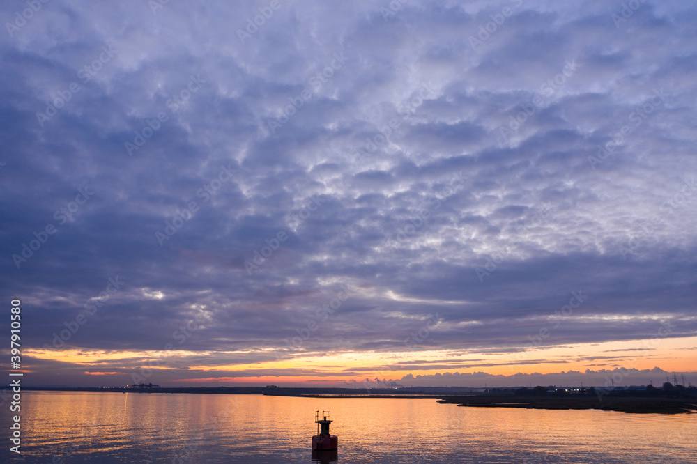 London River Thames drone view at sunset in Essex UK 