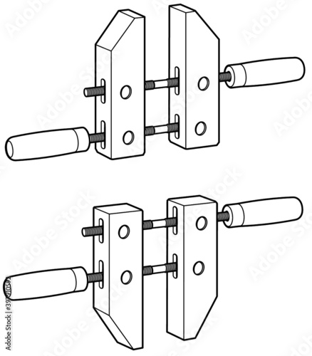 Line illustration of wood screw clamps for woodworking. All paths expanded.