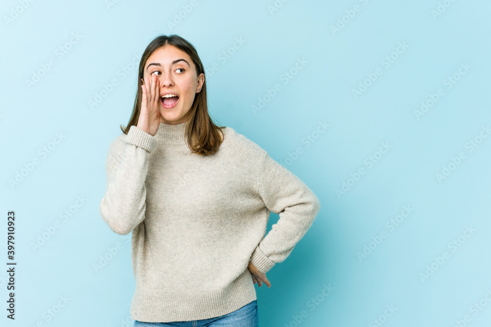 Young caucasian woman shouting excited to front. Young caucasian woman shouting excited to front.