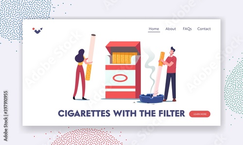 Characters Smoking Addiction and Bad Unhealthy Habit Landing Page Template. Tiny Man and Woman Smoke near Huge Cigarette Box. People Nicotine and Tobacco Social Problem. Cartoon Vector Illustration