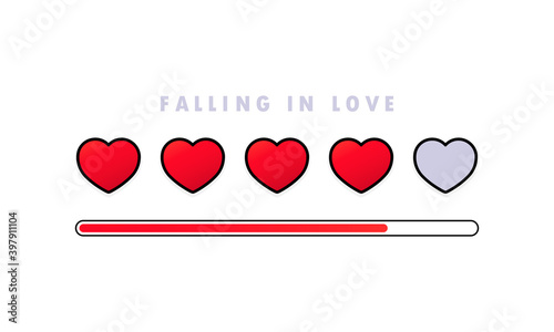 Love meter emotion concept. Customer review progress bar infographic design element for dating and valentine day holiday. Falling in love text. Heart. Vector on isolated white background. EPS 10