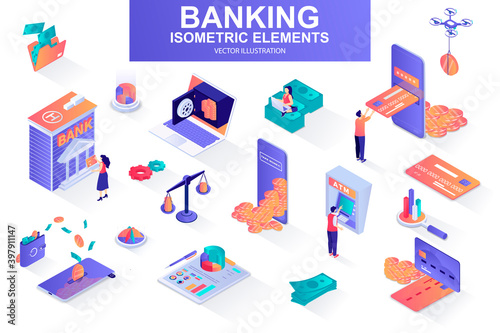 Banking services bundle of isometric elements. Digital wallet, bank building, credit card, mobile app, atm terminal, payment isolated icons. Isometric vector illustration kit with people characters.