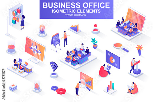 Business office bundle of isometric elements. Business analytics, project presentation, company teamwork, managers working isolated icons. Isometric vector illustration kit with people characters.