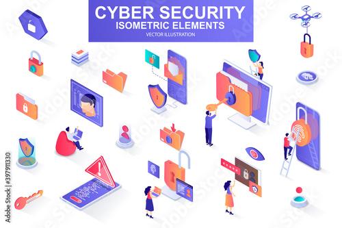 Cyber security bundle of isometric elements. Fingerprint scanner, padlock, password, firewall, data folder, electronic security key isolated icons. Isometric vector illustration with people characters