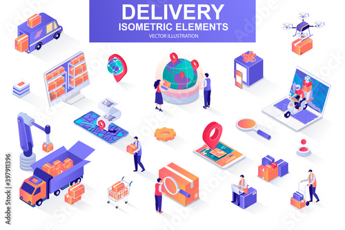 Delivery service bundle of isometric elements. Courier on scooter, delivery truck, pinpointer, warehouse worker, quadcopter, delivery box isolated icons. Isometric vector illustration kit with people.