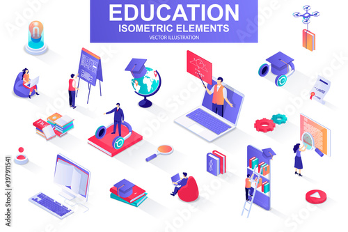 Education bundle of isometric elements. Academic cap, online library, studying student, distance learning, webinar, homework isolated icons. Isometric vector illustration kit with people characters.