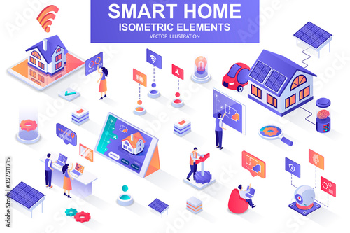 Smart home bundle of isometric elements. Solar power generation, air conditioning, automation, control and monitoring system isolated icons. Isometric vector illustration kit with people characters.