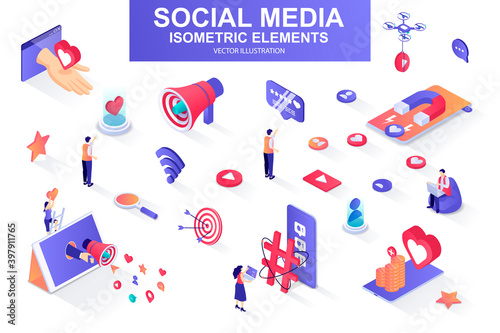 Social media bundle of isometric elements. Customer targeting, loudspeaker, smm service, mobile marketing, referral program isolated icons. Isometric vector illustration kit with people characters.