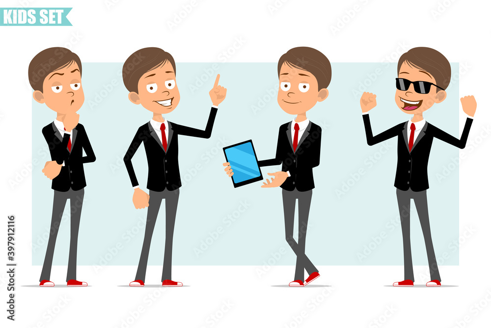Cartoon flat funny business boy character in black jacket with red tie. Kid showing attention sign, muscles and holding smart tablet. Ready for animation. Isolated on gray background. Vector set. Cartoon flat funny business boy character in black jacket with red tie. Kid showing attention sign, muscles and holding smart tablet. Ready for animation. Isolated on gray background. Vector set.