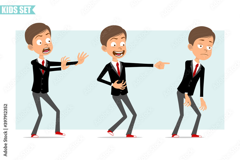 Cartoon flat funny business boy character in black jacket with red tie. Kid scared, sad, tired and showing evil smile. Ready for animation. Isolated on gray background. Vector set. Cartoon flat funny business boy character in black jacket with red tie. Kid scared, sad, tired and showing evil smile. Ready for animation. Isolated on gray background. Vector set.