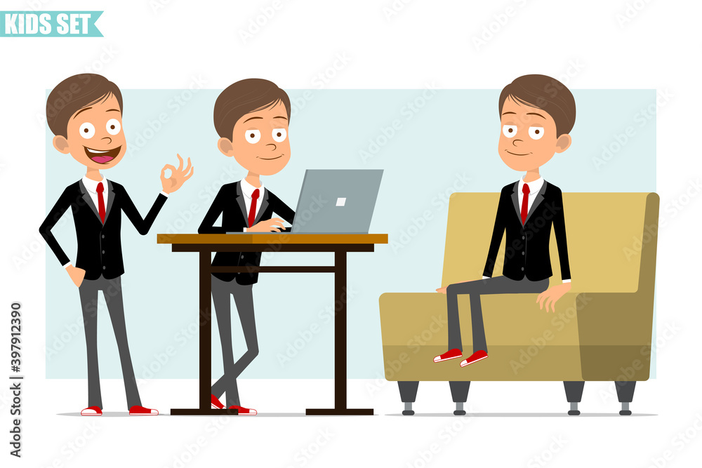 Cartoon flat funny business boy character in black jacket with red tie. Kid working on laptop, resting on sofa and showing okay sign. Ready for animation. Isolated on gray background. Vector set. Cartoon flat funny business boy character in black jacket with red tie. Kid working on laptop, resting on sofa and showing okay sign. Ready for animation. Isolated on gray background. Vector set.