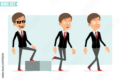 Cartoon flat funny business boy character in black jacket with red tie. Successful tired kid walking up to his goal. Ready for animation. Isolated on gray background. Vector set.