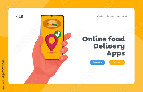 Fast Courier Service Landing Page Template. Food Delivery App in Mobile Phone. Restaurant Order, Hand Hold Smartphone