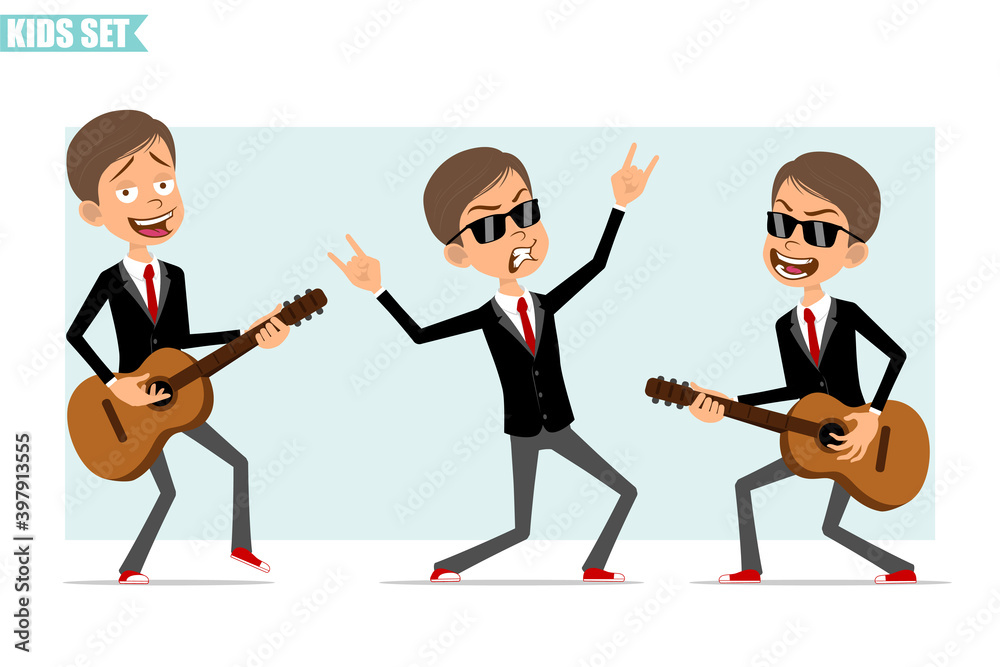Cartoon flat funny business boy character in black jacket with red tie. Kid playing on guitar and showing rock and roll gesture. Ready for animation. Isolated on gray background. Vector set. Cartoon flat funny business boy character in black jacket with red tie. Kid playing on guitar and showing rock and roll gesture. Ready for animation. Isolated on gray background. Vector set.