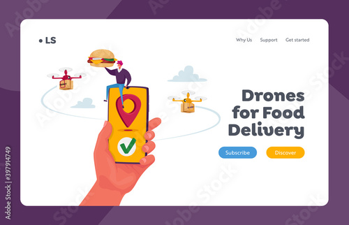 Futuristic Technologies in Post Mail and Shipping Service Landing Page Template. Food Order Delivering with Drone by Air