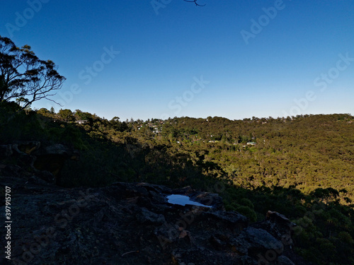 Breathtaking view of mountain and valley landscape on a clear blue sky day, Wideview Lookout, Berowra Heights, Berowra Valley National Park, Sydney, New South Wales, Australia
 photo