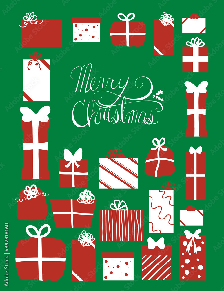 Presents Under the Tree Merry Christmas Card Green background with red and white wrapped presents Presents Under the Tree Merry Christmas Card Green background with red and white wrapped presents