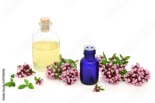 Oregano herb flowers & leaves with essential oil bottles. Used in aromatherapy and herbal medicine. Can ease IBS symptoms, is anti bacterial, anti inflammatory, anti viral & is an anti coagulant.