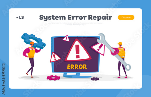 System Error, Website Under Construction Landing Page Template. 404 Page Maintenance. Workers Repairing Network Problem