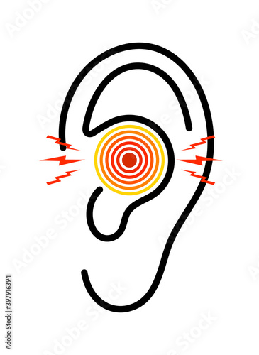 Ear icon with pain. Otitis from infection. Earache with tinnitus. Ache in middle ear with deaf. symbol of otorhinolaryngology. Logo of symptoms of inflammation and illness. Care to body. Vector