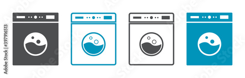 Icon of laundry machine. Logo of wash service. Symbol of washing, clean, dryer. Laundromat of clothes. Full drum and whirlpool of clothing in laundry machine. Outline sign for label, signage. Vector