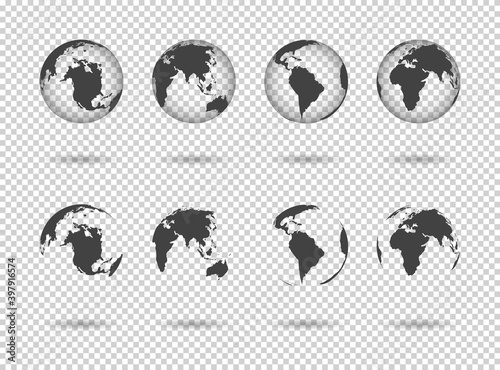 Globe earth. Icons of world maps. Set of 3d globus with europe, asia, africa, usa, australia and china. Gray simple planets on transparent background. Design graphic for logistics and travel. Vector