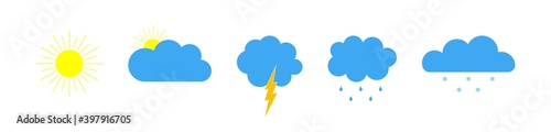 Weather icons. Forecast of weather. Symbosl of meteo forecast. Set of signs of cloud, sun, rain, cold and snow for climate. Meteorology icons graphic for app and web. Design of color logos. Vector photo