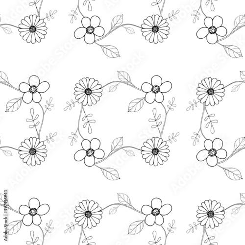 Outline flower leaves on white seamless background. Botanical endless pattern for fabric print, for wallpaper, for web, for print art design stock monochrome vector illustration for web, for print