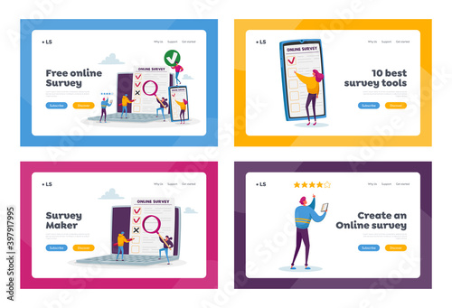 Online Survey Landing Page Template Set. Tiny Characters Filling Digital Form on Huge Laptop and Smartphone Application