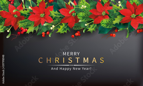 Christmas greeting background with holly and red poinsettia border. Vector illustration. 