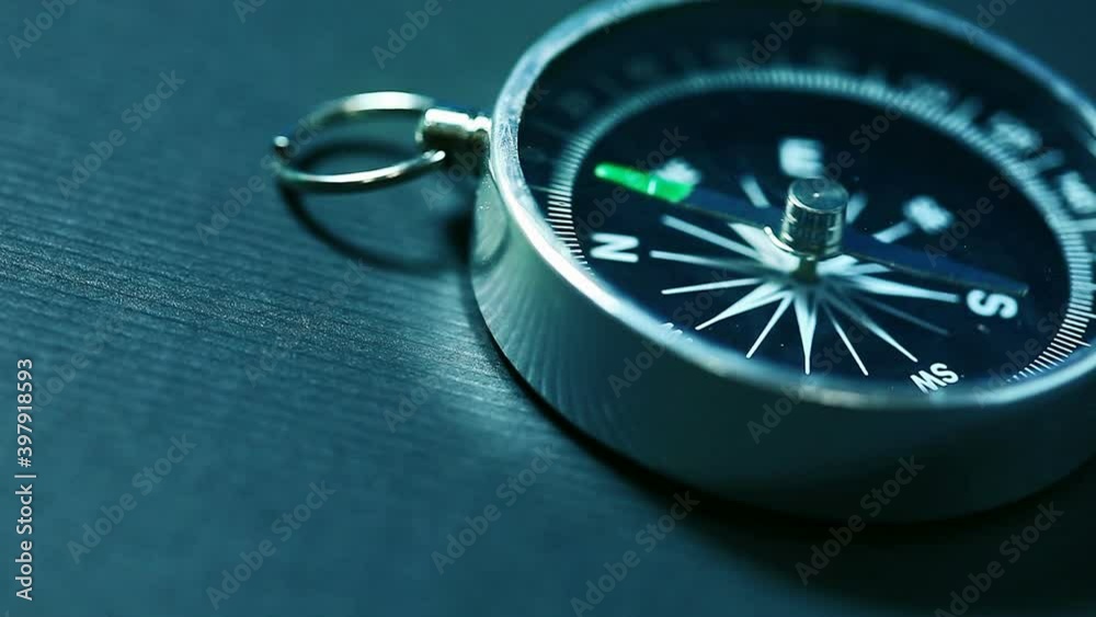 Rotating compass arrow. Tool for navigation HD video 1920x1080. Shalow depth of field