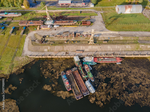 Aerial view of a shipyard and repair shop