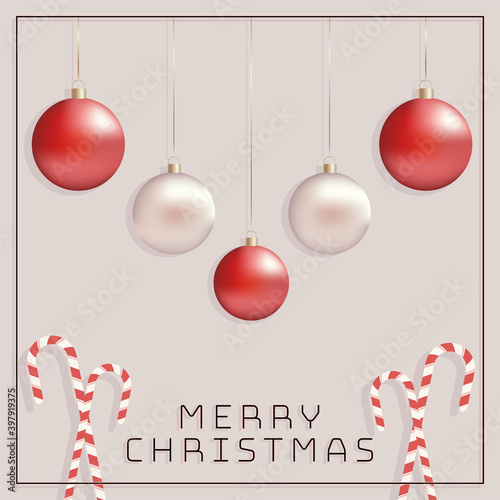 New year's greeting poster in a frame decorated with white and red Christmas balls and candy canes in soothing shades