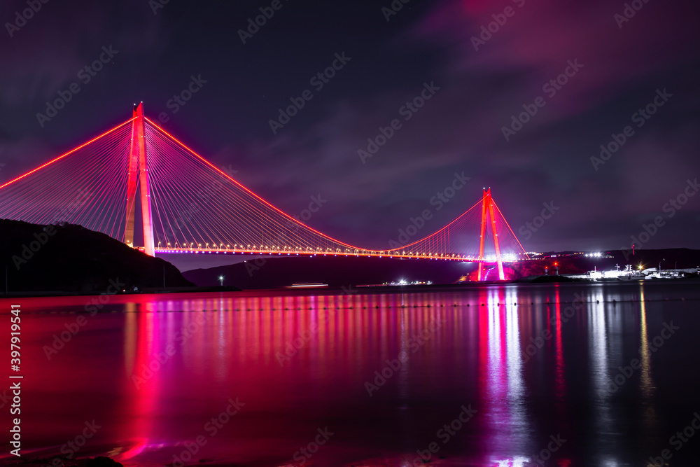 Panoramic view of the Yavuz Sultan Selim Bridge with backlit in Istanbul, Turkey. Night time. Third Istanbul bridge.