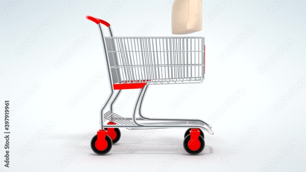 Shopping cart rom supermarket filling by products and food falling down into the basket. Online shopping concept 3d rendered animation.