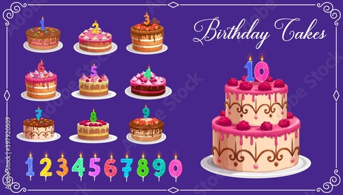 Candles on birthday cakes with age numbers from one to ten isolated vector icons. Happy birthday child party celebration. Cupcakes and colorful candle digits with fire light  anniversary candlelights