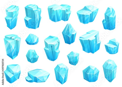 Ice crystals  blue magic gems vector icons. Jewel rocks or mineral stones isolated natural turquoise gemstone zircon  apatite  lapis lazuli  opal or quartz glass. Cartoon jewelry or ice crystals set
