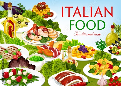 Italian food cuisine vector dishes melon horned with ham, cannelloni, chops with pesto sauce, raviolo, tortellini and spinach pasta with mussels. Shrimp with pear and funghetto meals of Italy poster