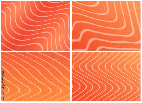 Salmon trout fish meat vector texture background set. Sushi or sashimi japanese food ingredient, graphic wallpaper, realistic raw salmon meat closeup. Orange textured fillet with white zigzag streaks