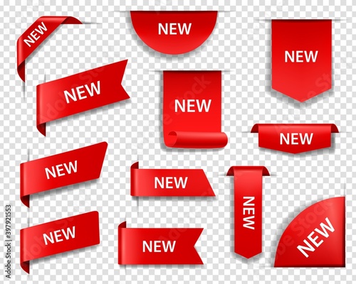 New product red labels, price tags and web page ribbon banners or bookmarks 3d realistic vectors set. Web banner corner decoration, shopping sale labels, discount promotion stickers templates