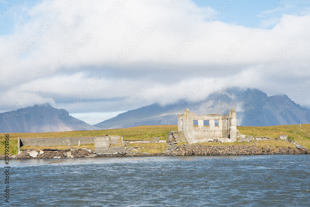 The ruins of island Mikley in Hornafjordur in Iceland