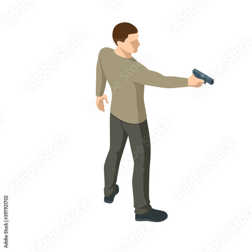 Isometric man with a gun in his hand iolated on white. Male policeman, spy or criminal holding. Back view