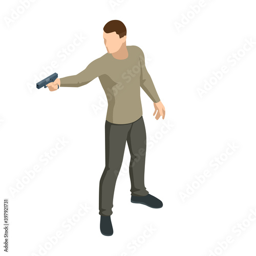 Isometric man with a gun in his hand iolated on white. Male policeman, spy or criminal holding. Front view