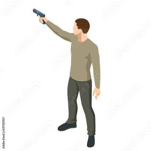Isometric man with a gun in his hand iolated on white. Male policeman, spy or criminal holding. Front view.