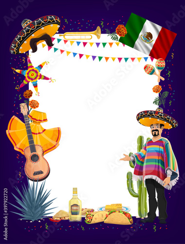 Mexican Cinco de Mayo fiesta party signboard with vector frame of mariachi, sombreros, maracas and guitar, cactus, pinata, Mexico flag and tequila, taco, burrito and nacho. Viva Mexico greeting card