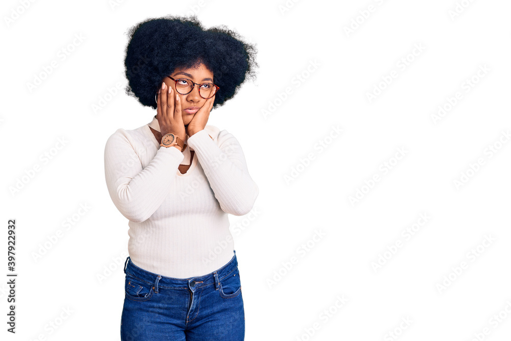 Young african american girl wearing casual clothes and glasses tired hands covering face, depression and sadness, upset and irritated for problem Young african american girl wearing casual clothes and glasses tired hands covering face, depression and sadness, upset and irritated for problem