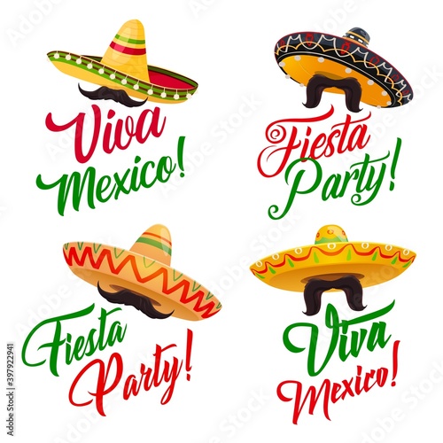 Viva Mexico vector set with Mexican holiday fiesta party sombrero hats and moustache or mustache, decorated with ethnic ornaments in colors of Mexico flag. Greeting card, festival or carnival design