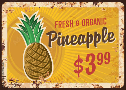 Pineapple fruit metal plate rusty, farm market food price, vector retro poster. Farm store exotic tropical pineapple fruits, agriculture food market price or menu sign, grunge metal plate with rust