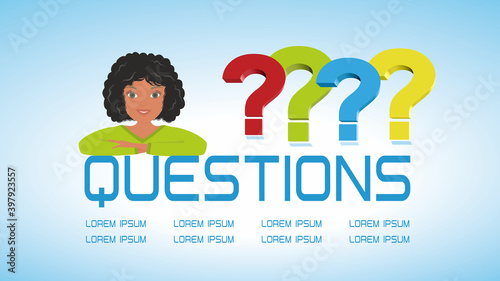 Banner with relaxed woman welcomes to ask questions. Vector illustration. EPS10. Dimension 16:9. Concept with people with different orgins and ages.