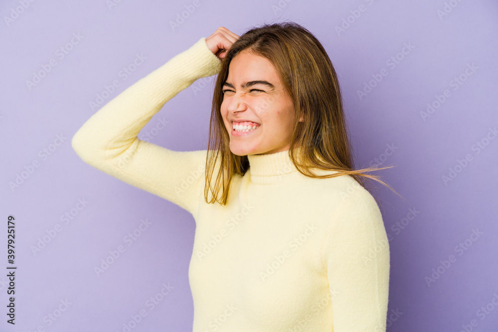 Young skinny caucasian girl teenager on purple background celebrating a victory, passion and enthusiasm, happy expression. Young skinny caucasian girl teenager on purple background celebrating a victory, passion and enthusiasm, happy expression.